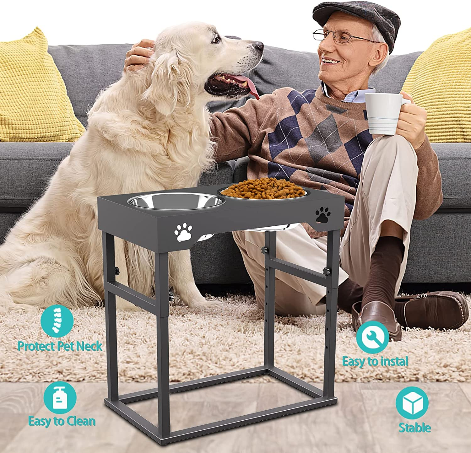 FORDOG Elevated Dog Bowls, Stainless Steel Raised Dog Bowls Adjustable to 8  Heights, 2.75, 7.5, 10.5'', 14''-20'', for Medium & Large Sized Dogs,  with 2 Stainless Steel Dog Bowls for Food 